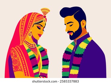 Indian wedding. Groom and bride in wreaths of flowers on necks. Vector isolated illustration.