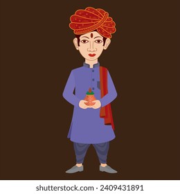 Indian wedding groom couple with rajasthani turban holding kalash pot in hand vector image