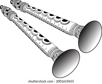 Indisches Hochzeitsinstrument Shehnai Vektorgrafik Schwarz-Weiß-Clip Kunstlinie Zeichnung. Indische Hochzeitssymbol-Linienkunst mit kreativem Henna-Muster.