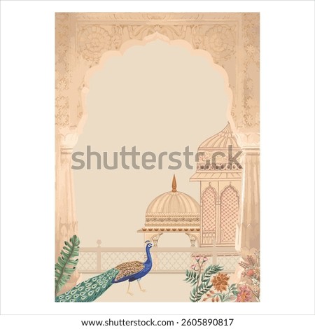 Indian Wedding Invitation Background with Peacock and Traditional Palace Architecture – Royal Mughal Style Template