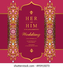 Indian wedding invitation or card with abstract background. Islam, Arabic.