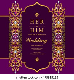 Indian wedding invitation or card with abstract background. Islam, Arabic.