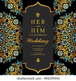 Indian wedding invitation or card with abstract background. Islam, Arabic.