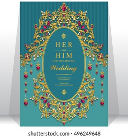 Indian wedding invitation or card with abstract background. Islam, Arabic.