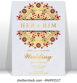 Indian wedding invitation or card with abstract background. Islam, Arabic.