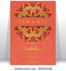 Indian wedding invitation or card with abstract background. Islam, Arabic.