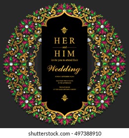 Indian wedding invitation or card with abstract background. Islam, Arabic.