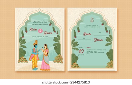 Indian Wedding Invitation Card with Beautiful Couple Character of Lord Krishna and Radha.