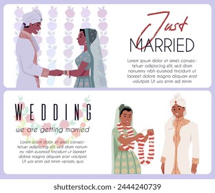 Indian wedding invitation card with bride and groom. Engagement couple standing together hold hands, flowers garland. Just married romantic announcement vector flyers template set