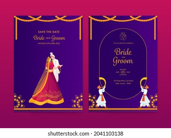 Indian Wedding Invitation Card With Bridegroom Character In Front And Back Side.