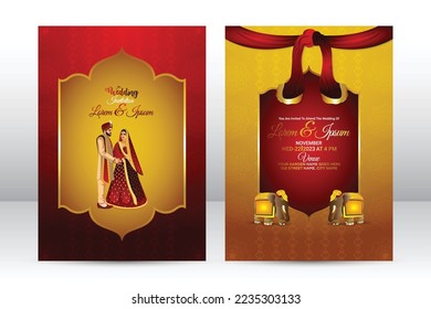 Indian wedding invitation card with character of indian groom and bride