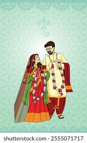 Indian wedding invitation card with character of indian groom and bride