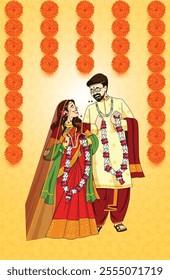 Indian wedding invitation card with character of indian groom and bride