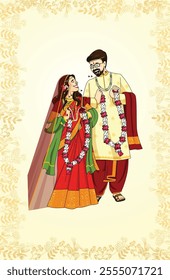 Indian wedding invitation card with character of indian groom and bride