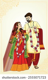 Indian wedding invitation card with character of indian groom and bride