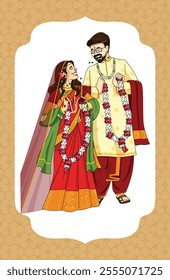 Indian wedding invitation card with character of indian groom and bride