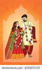 Indian wedding invitation card with character of indian groom and bride