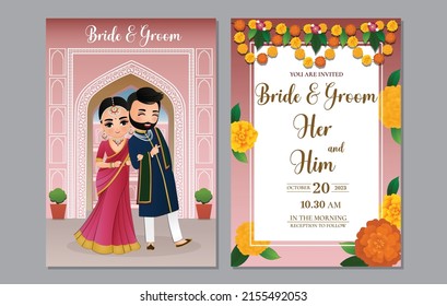  Indian wedding invitation card cute Hindu couple cartoon character in Front and Back View