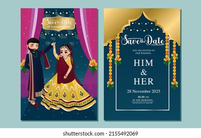  Indian wedding invitation card cute Hindu couple cartoon character in Front and Back View