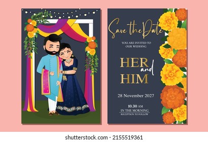  Indian Wedding Invitation Card Cute Hindu Couple Cartoon Character In Front And Back View