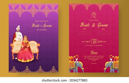 Indian Wedding Invitation Card Design With Hindu Bridegroom Illustration In Purple And Pink Color.