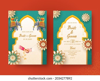 Indian Wedding Invitation Card Design In Front And Back Presentation.