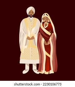 Indian Wedding Invitation Card Design. Couple in traditional indian dress cartoon character, vector illustration.