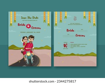 Diseño de tarjetas de invitación a la boda india con ilustraciones de Groom y de Bride montando en bicicleta.