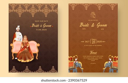 Indian Wedding Invitation Card Design with Hindu Bridegroom Illustration in Brown Color.