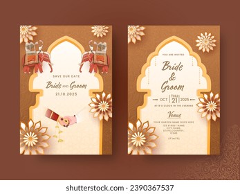 Indian Wedding Invitation Card Design with Event Details in Brown and White Color.