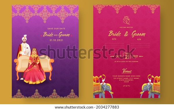 Indian Wedding Invitation Card
Design With Hindu Bridegroom Illustration In Purple And Pink
Color.