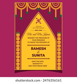 Indian Wedding Invitation Card With Event Details In Pink And Yellow Color