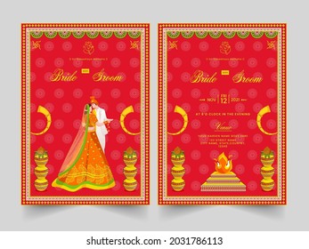 Indian Wedding Invitation Card With Hindu Newlywed Couple And Event Details In Front And Back Side.