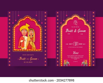 Tarjeta De Invitación De Boda India Con Personaje De Brigada Hindú En Color Púrpura Y Rosa.