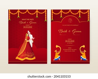 Tarjeta De Invitación A La Boda India Con Personaje De Brigada Hindú Sobre El Fondo Del Patrón De Mandala Rojo.