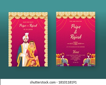 Indian Wedding Invitation Card in Mandala Pattern with Couple Character and Venue Details.