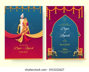 Макет шаблона индийского свадебного пригласительного билета с индуистской парой и деталями события.