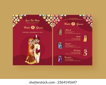Indian Wedding Invitation Card Template with Bride Groom Character in Traditional Attire.