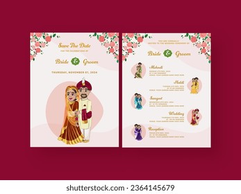 Indian Wedding Invitation Card Template with Bride Groom Character in Traditional Attire.