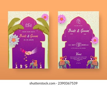 Plantilla de tarjeta de invitación a la boda india con doble cara en color morado y beige.