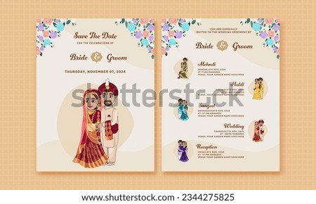 Indian Wedding Invitation Card Template with Bride Groom Character in Traditional Attire.