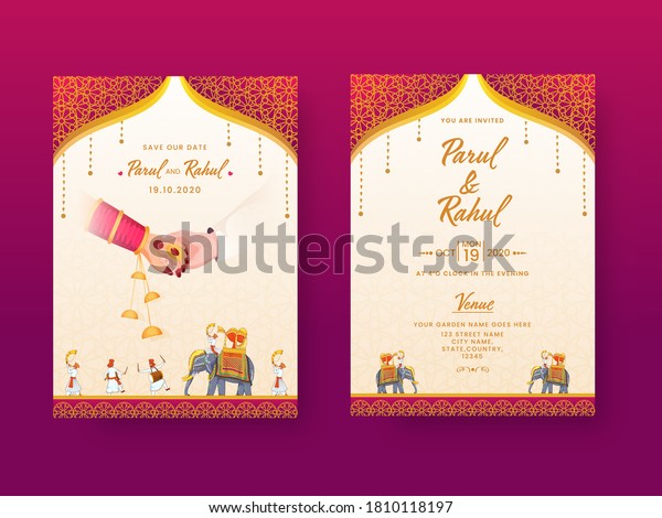 Indian Wedding Invitation Card,\
Template Layout with Venue Details in Front and Back\
View.