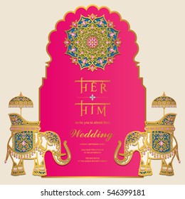 Indian wedding Invitation card templates with gold Elephant patterned and crystals on paper color.