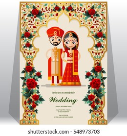 Indian wedding Invitation card templates with gold patterned and crystals on paper color.