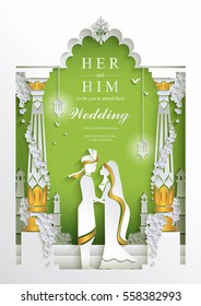 Indian wedding Invitation card templates with Paper art and craft style. on paper color.
