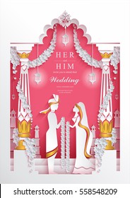 Indian wedding Invitation card templates with Paper art and craft style. on paper color.