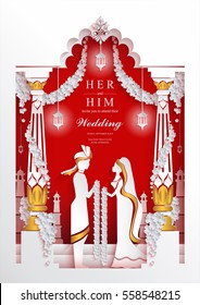 Indian wedding Invitation card templates with Paper art and craft style. on paper color.