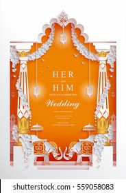 Indian wedding Invitation card templates with Paper art and craft style. on paper color.
