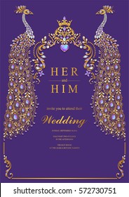 Indian wedding Invitation card templates with gold peacock patterned and crystals on paper color.