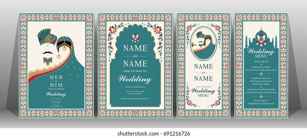 Indian wedding Invitation card templates with Taj Mahal flower patterned.
